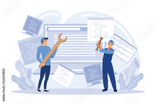 Technical support guys working on repairing a computer hardware and software. Troubleshooting, fixing problems, problem checking concept. flat vector modern illustration