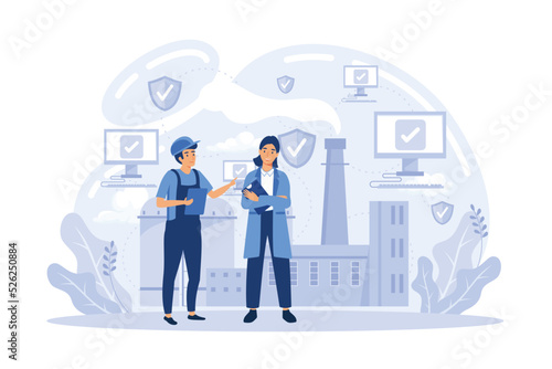 Developers, robot work at laptop with magnifier. Industrial cybersecurity, industrial robotics malware, safeguarding of industrial robotics concept flat vector modern illustration