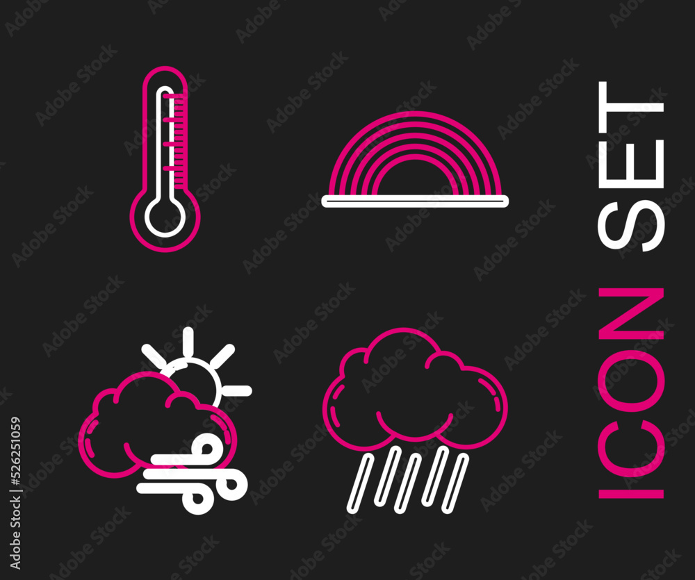 Set line Cloud with rain, Windy weather, Rainbow clouds and Thermometer icon. Vector Set line Cloud with rain, Windy weather, Rainbow clouds and Thermometer icon. Vector