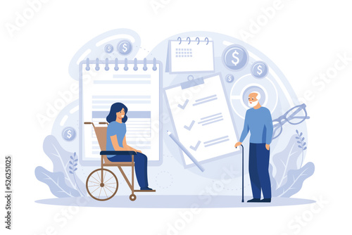 Social security abstract concept vector illustration. Social security benefit, state allowance, retirement insurance, happy disabled person, old, elderly couple, flat vector modern illustration
