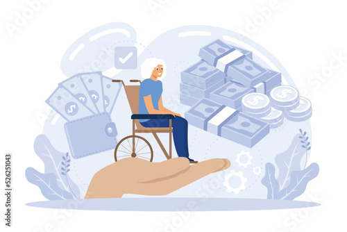 Social security abstract concept vector illustration. Social security benefit, state allowance, retirement insurance, happy disabled person, old, elderly couple, flat vector modern illustration