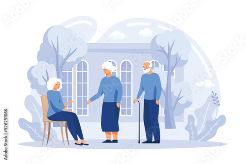Elderly people activity abstract concept vector illustration. Communities for older people, retirement travel, elder fitness, retirement savings, medical care, flat vector modern illustration