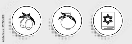 Set line Jewish torah book, Olives branch and Pomegranate icon. Vector