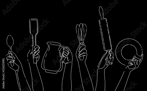 Cooking Pattern. Background with people holding different Utensils. Chalkboard style. Bakery poster. Vector illustration.