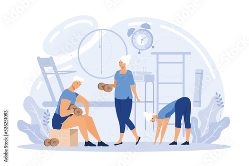 Elderly people activity abstract concept vector illustration set. Communities for older people, retirement travel, elder fitness, retirement savings, medical care