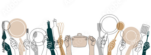 Cooking Background. Kitchen  pattern. People holding different utensils. Restaurant poster. Vector illustration. 
