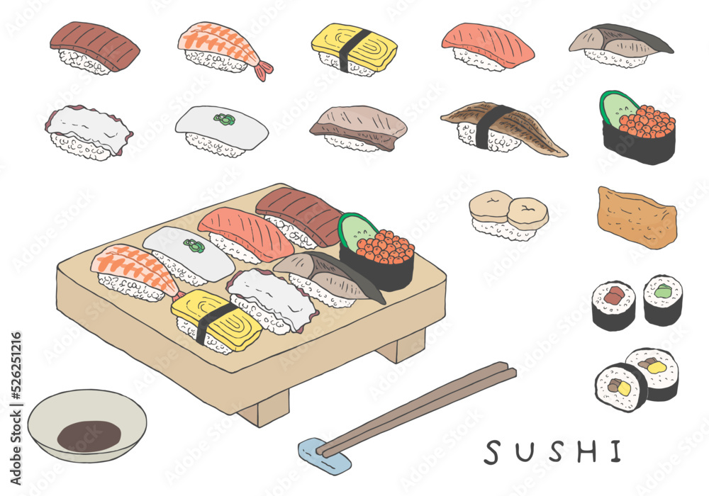 手描きのお寿司イラストセット 寿司下駄あり(カラー) 手描きのお寿司イラストセット 寿司下駄あり(カラー)