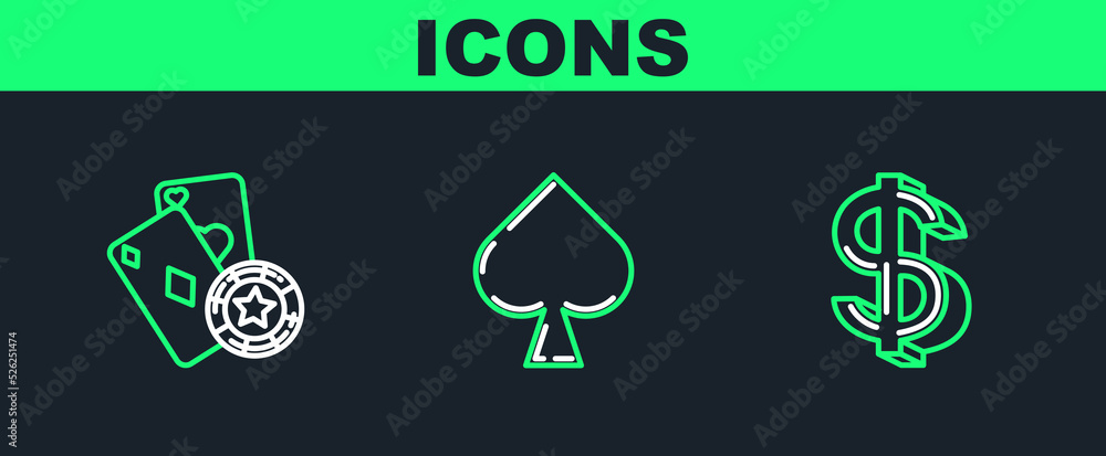 Set line Dollar symbol, Casino chip and playing cards and Playing with spades icon. Vector Set line Dollar symbol, Casino chip and playing cards and Playing with spades icon. Vector