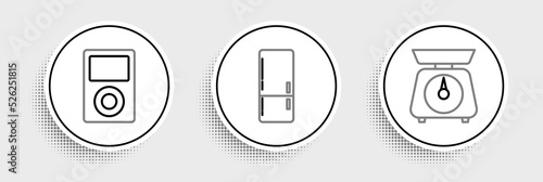 Set line Scales, Music player and Refrigerator icon. Vector
