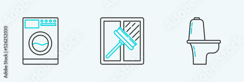 Set line Toilet bowl, Washer and Squeegee, scraper, wiper icon. Vector