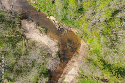 Aerial top down view of bendy river in spring