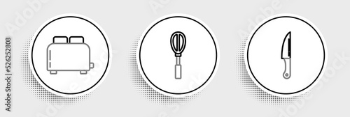 Set line Knife, Toaster with toasts and Kitchen whisk icon. Vector