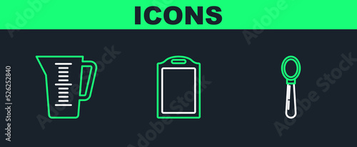 Set line Spoon, Measuring cup and Cutting board icon. Vector