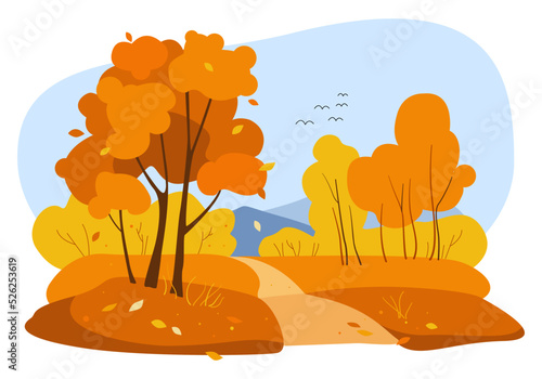 Autumn or fall season landscape with trees, mountains, path, falling leaves