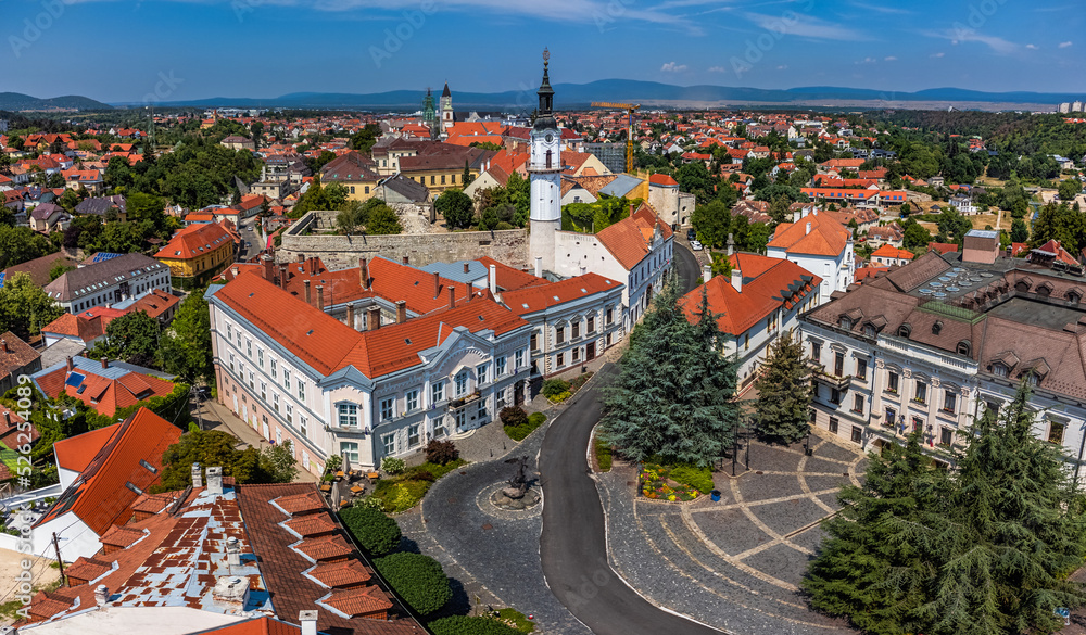 Veszprem, Hungary - Aerial panoramic view of the castle district of Veszprem with city hall building at Ovaros square and Fire-watch tower on a bright summer day with clear blue sky