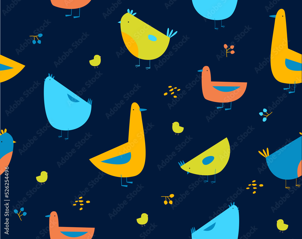 Print. Bright pattern with hens, chickens, ducks and geese. On the farm. Domestic bird. Seamless background with farm birds. Print. Bright pattern with hens, chickens, ducks and geese. On the farm. Domestic bird. Seamless background with farm birds.