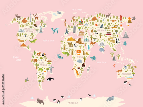 Print. Print. World map in pink colors with animals and architectural landmarks for kids. Eurasia, Africa, South America, North America, Australia. Cartoon animals.	

