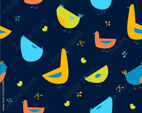 Print. Bright pattern with hens, chickens, ducks and geese. On the farm. Domestic bird. Seamless background with farm birds. 