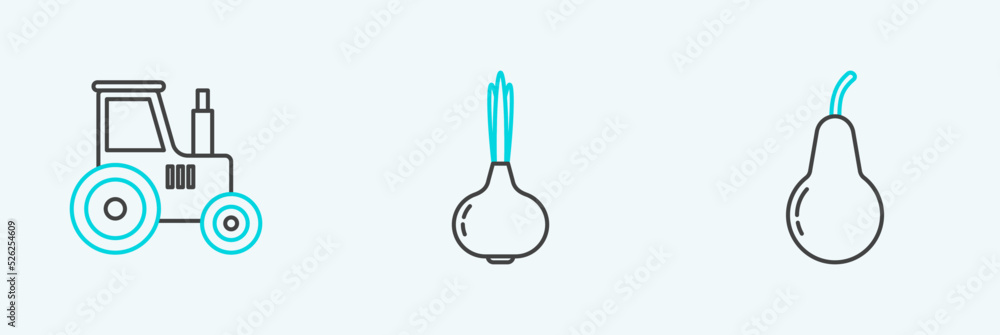 Set line Pear, Tractor and Onion icon. Vector Set line Pear, Tractor and Onion icon. Vector