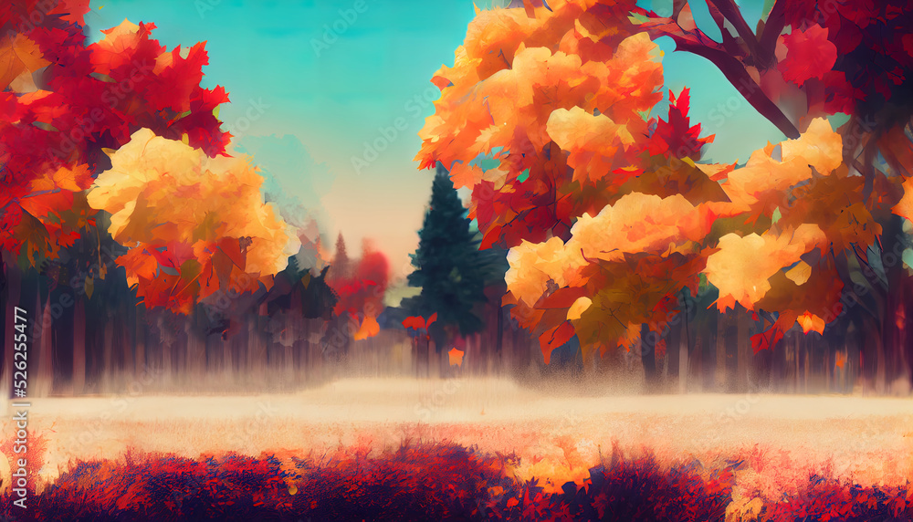 Colorful autumn forest, anime style. Manga, digital painting of colorful trees. Fall season with red yellow and orange colors. Beautiful drawing of a fall scenery.