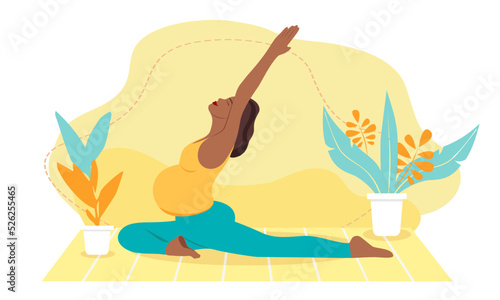 Pregnant dark-skinned woman doing yoga at home. Concept illustration for prenatal yoga, meditation, relax, recreation, healthy lifestyle. Illustration in flat cartoon style.