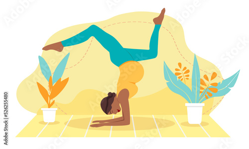 Pregnant dark-skinned woman doing yoga  at home. Concept illustration for prenatal yoga, meditation, relax, recreation, healthy lifestyle. Illustration in flat cartoon style.