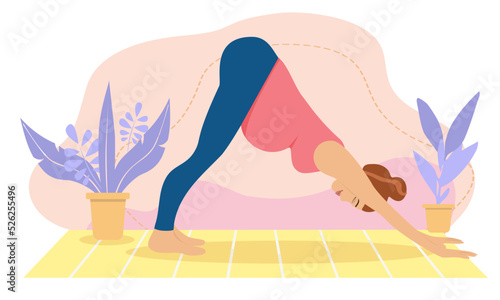 Pregnant woman meditating at home. Concept illustration for prenatal yoga, meditation, relax, recreation, healthy lifestyle. Illustration in flat cartoon style.