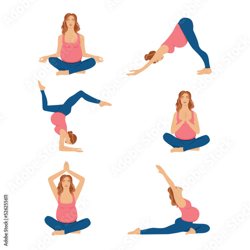 Pregnant  woman doing yoga. Prenatal,  pregnancy yoga workouts set. Working out and fitness, pregnancy concept. Vector illustration set.
