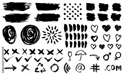 Textured brush strokes, Grunge Design Elements. Textured icons, and different shapes - hearts, crosses, checkmarks. Set of vector brushes