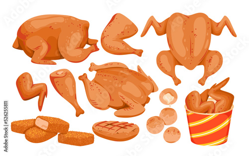 Cartoon isolated hot roasted fillet from breasts, tasty spicy drumsticks and wings in box, nuggets and grilled chicken cutlets for poultry menu collection. Fried chicken set vector illustration