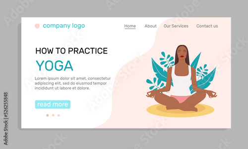Woman meditating in nature and leaves. Landing page. Illustration of the concept of a healthy lifestyle, physical exercises, yoga classes. Flat-style illustration.