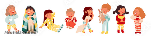 Cartoon isolated Sleepy little kids, girls and boys in pajamas yawn and ready to rest and sleep in bedtime, child holding blanket and pillow, teddy bear toy for sleeping