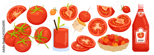 Cartoon isolated whole organic vegetable with green leaf, cut in half, wedges and slices, bottle of red ketchup and wicker plate with cherry tomatoes. Tomato set, food ingredient vector illustration