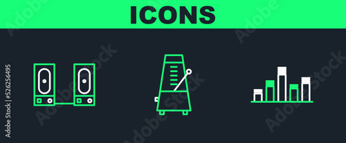 Set line Music equalizer, Stereo speaker and Metronome with pendulum in motion icon. Vector