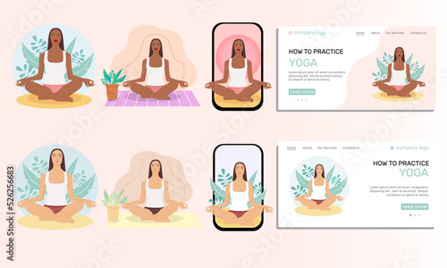 Woman meditating in nature and leaves and at home. Landing page,  illustration of the concept of a healthy lifestyle, physical exercises at home and outdoors, yoga classes.  Illustration set.