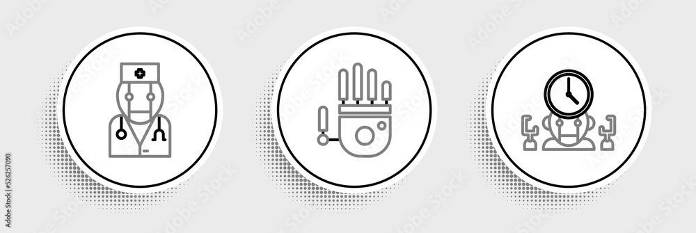 Set line Robot and digital time manager, doctor and Mechanical robot hand icon. Vector Set line Robot and digital time manager, doctor and Mechanical robot hand icon. Vector
