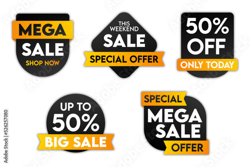 Sale tags collection. Special offer, only today, mega sale, big sale banner set. Shop or online shopping. Sticker, store, coupon. Vector illustration.