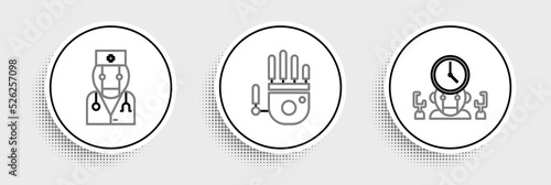 Set line Robot and digital time manager, doctor and Mechanical robot hand icon. Vector