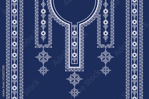 Vector ethnic neck embroidery white geometric pattern on blue color background. Tribal art shirts fashion.