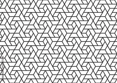 Abstract 3d effect cube shapes and triangles in a contemporary geometric line art repeating pattern in black outline, vector illustration