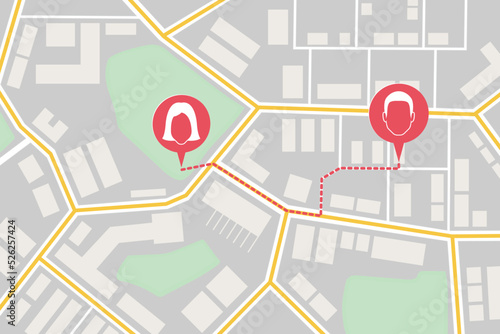 Top view map with pin markers showing GPS location of people or friends in the city with direction