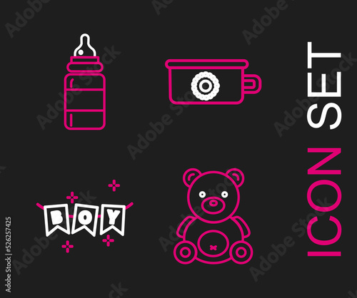 Set line Teddy bear plush toy, Carnival garland with flags, Baby potty and bottle icon. Vector