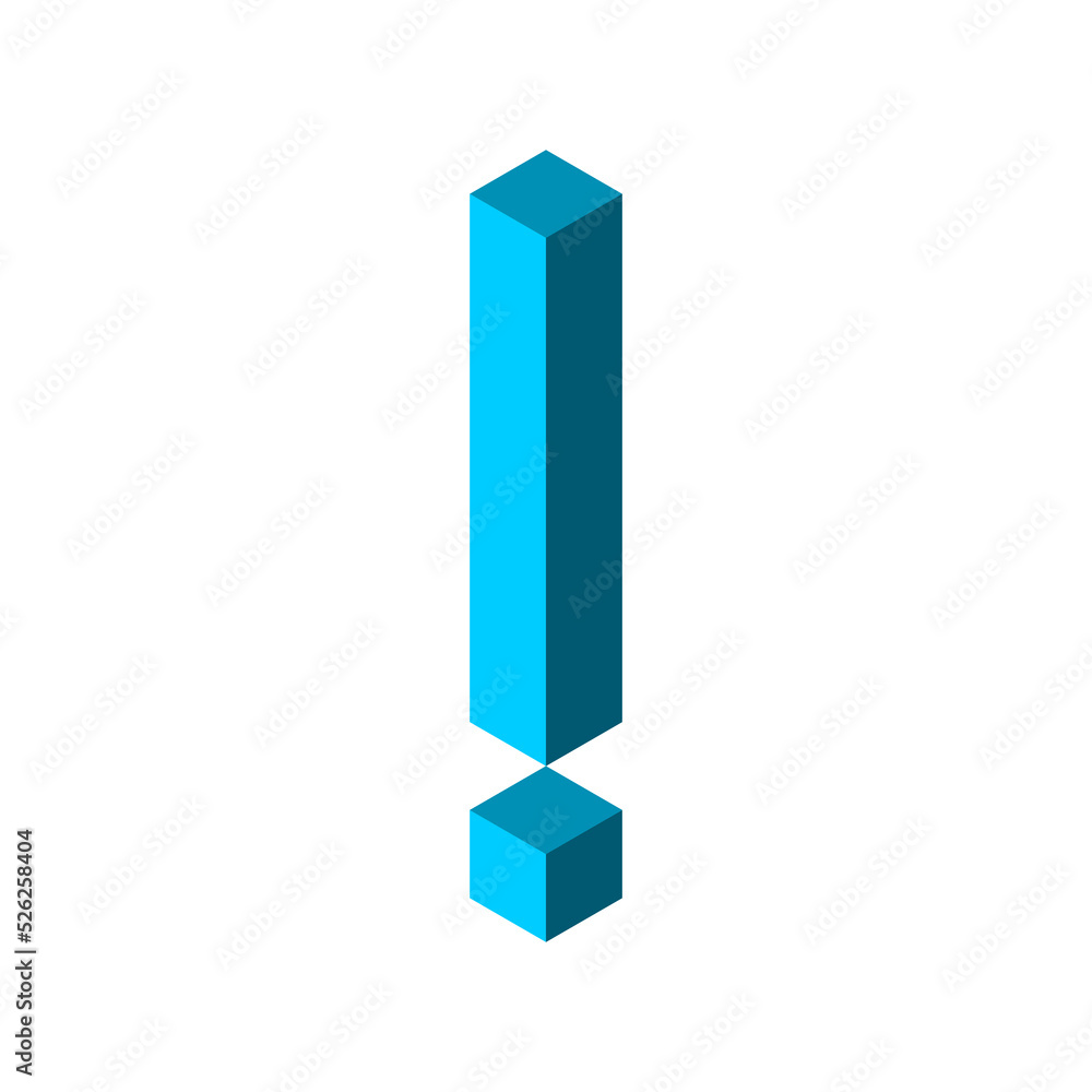 Blue 3D exclamation mark. Geometric exclamation point. Shouting, emphasis, strong feelings, excitement. Isometric shape made of cubes. Typography punctuation symbol. Vector illustration, clip art.