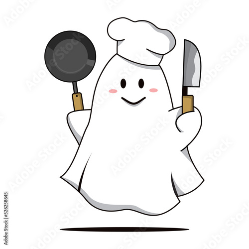 Kawaii ghost chef bring a knife and a frying pan. Happy Halloween. Cute cartoon spooky character. Vector illustration