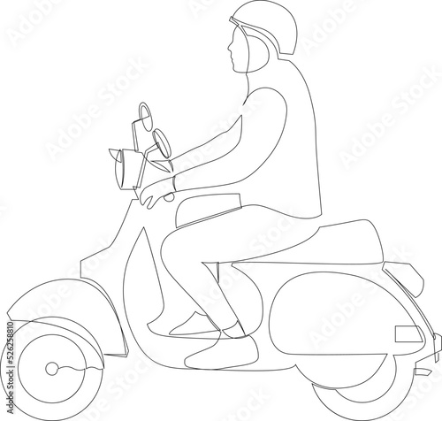 Person riding a retro motorcycle continuous line drawing. Vector illustration.