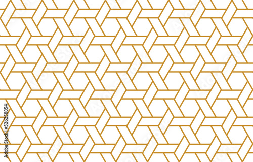 Hexagon shapes in a repeating weave style gold color outline pattern, geometric vector illustration