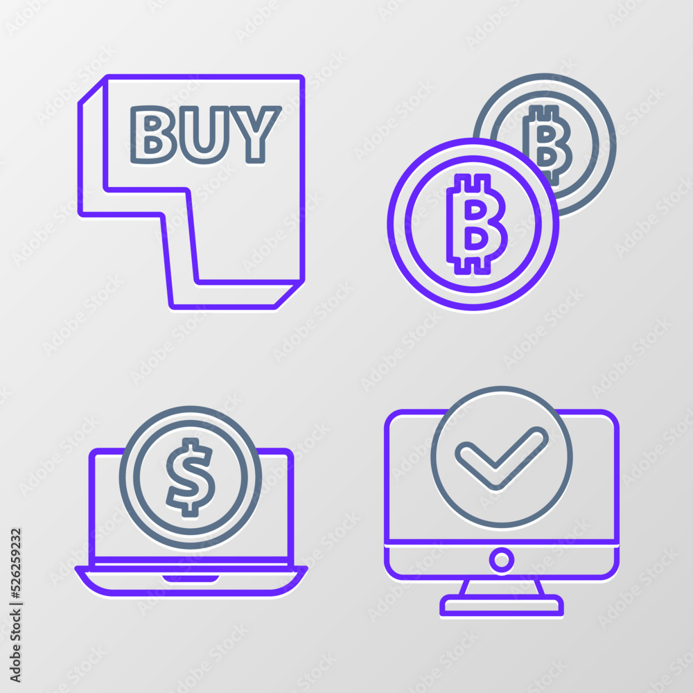Set line Computer monitor, Laptop with dollar, Cryptocurrency coin Bitcoin and Buy button icon. Vector