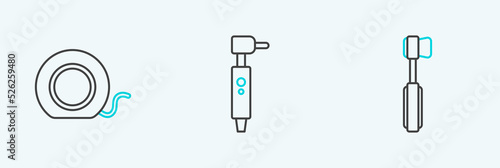 Set line Toothbrush, Dental floss and drill icon. Vector