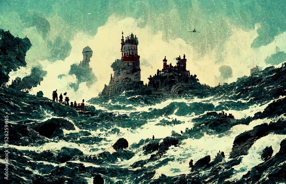 Illustration of a medieval castle standing in the middle of a raging sea.