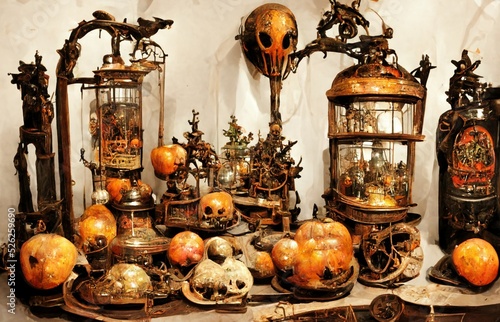 On a shelf that looks like a collection of Halloween decorations.